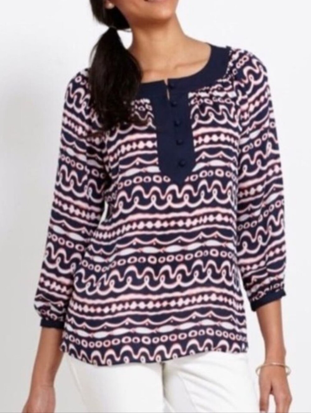 Vineyard Vines Navy and Pink Patterned Silk Blouse